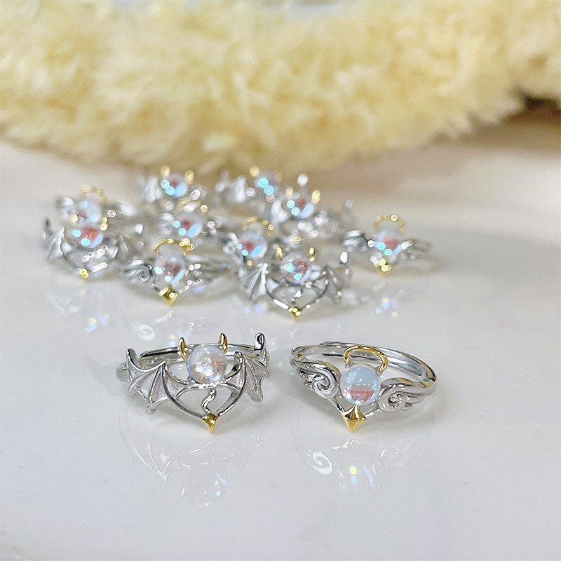 COD❤️Perhiasan Cincin Pasangan Perak Fashion Korea Biru Moonstone Malaikat Setan-A.one