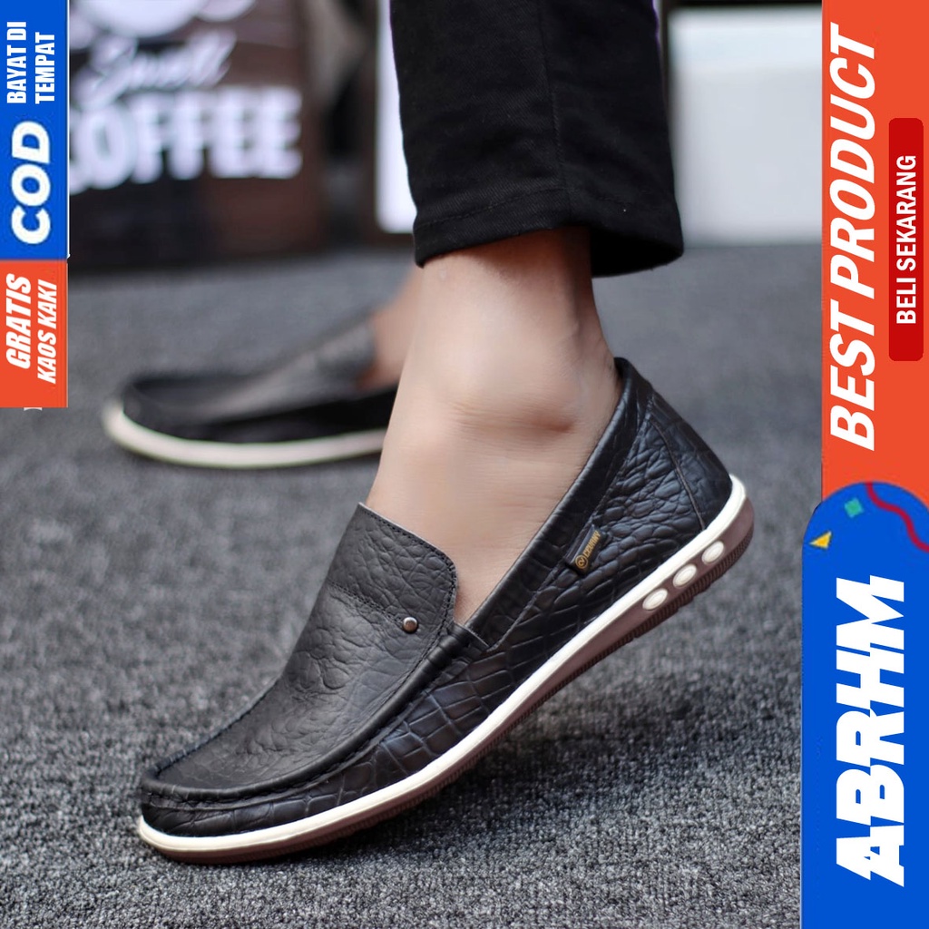 BRITANIC Sepatu Slip On Pria Kulit Asli Sepatu Pria Casual Pantofel Kulit Croco Sepatu Kasual Cowok / Cowo Kerja Kantor Kondangan Anti Slip Gaya Keren Kekinian