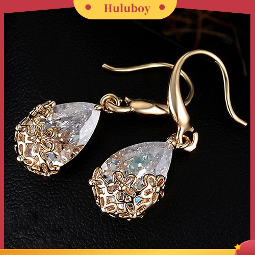 Hu Hu Hu Hu Hu Alat Bantu Pasang Kacamata♡ Anting Kait Gantung Desain Bunga Hollow Hias Zircon Bentuk Tetesan Air Untuk Wanita