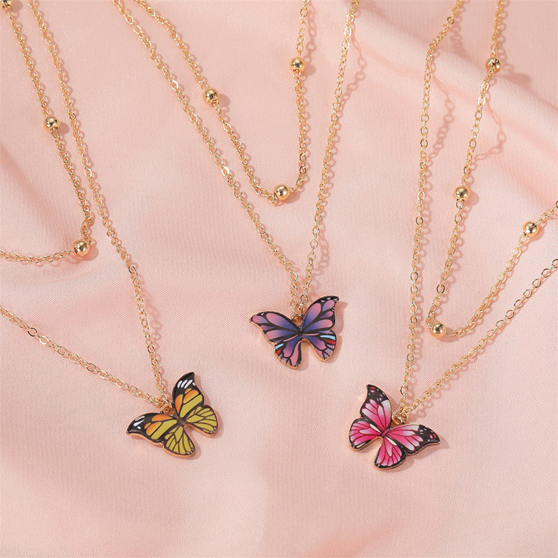 Retro Double Layer Bead Butterfly Necklace Dreamy Color Butterfly Clavicle Chain Ins Fashion Female Jewelry