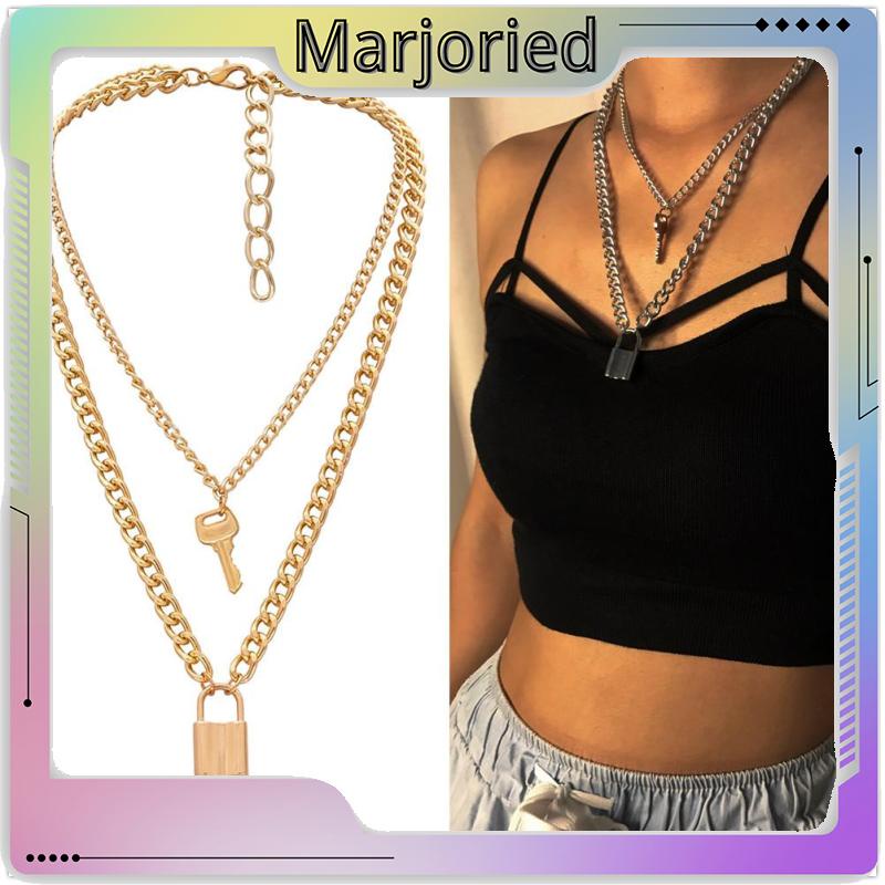 Kalung Rantai 2 Layer Liontin Gembok Hati Retro Simple Kreatif Untuk Wanita-MJD