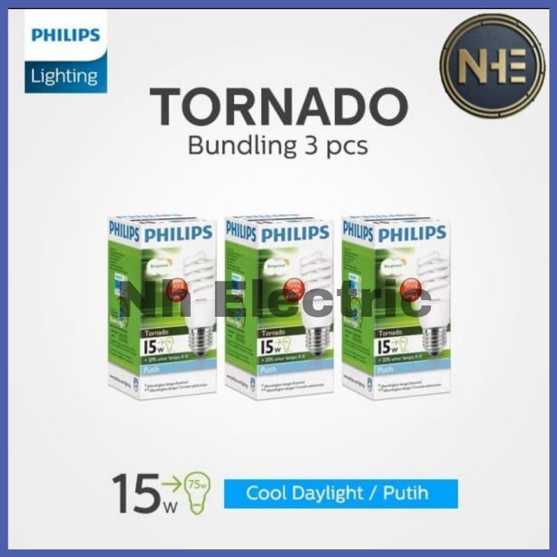 Lampu Philips Tornado 15W Watt Putih CDL E27 - Spiral 15 Watt Philips White 220V SNI Bundling 3 Pcs