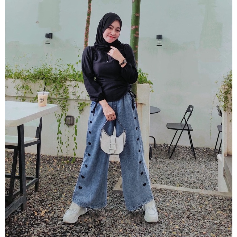 Celana Kulot Jeans Wanita Denim Premium Bawahan Wanita Murah-Love kulot Blue