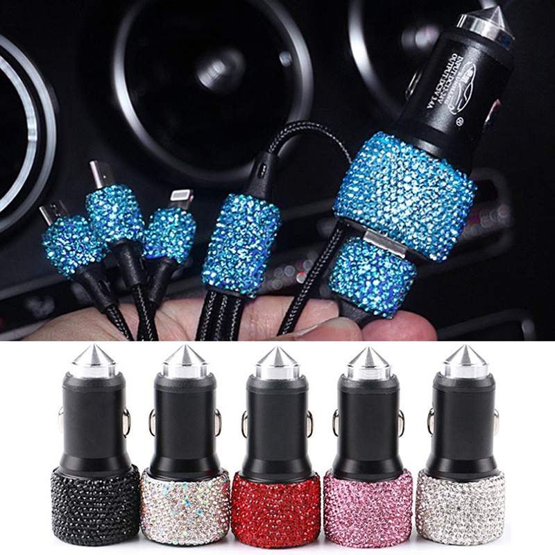 (LUCKID) Kabel Charger Dual Port USB Aksen Berlian Imitasi Bling Untuk Mobil