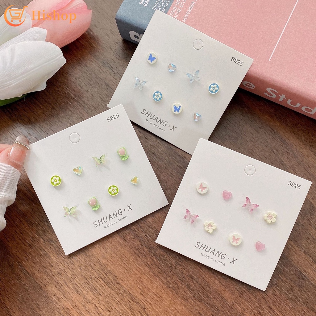 Anting Stud S925 Silver Model Butterfly Heart Flower Bahan Resin Untuk Wanita