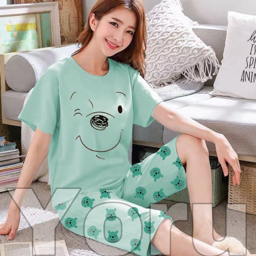 Pamelo.id Stelan C3/4 Baby Doll / Suplier Sleep Wear / Baju Tidur Wanita kaos Katun / Stelan Baju Tidur Murah Produk Terlaris Set HP-C3/4 P00H Toska