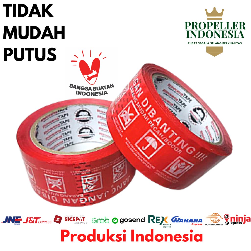 Lakban Fragile Merah RHINOCEROS Tape Selotip Isolasi 48MMx90YARD 2inci