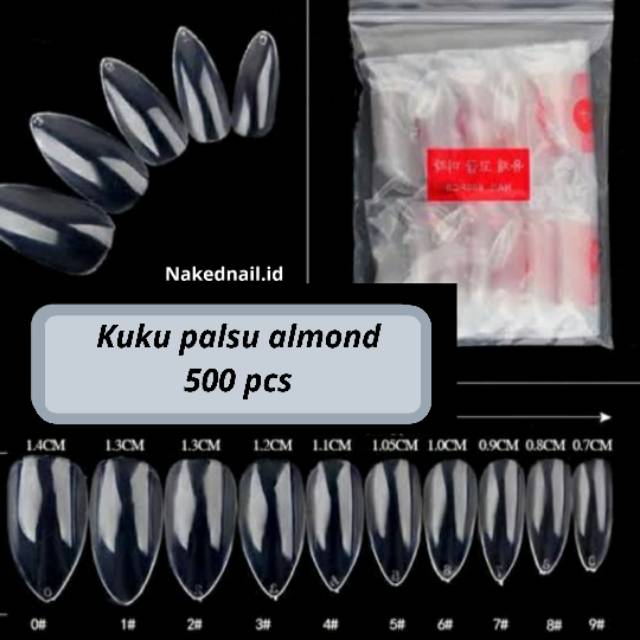 Kuku palsu siletto almond clear fake nails almond 500pcs clear