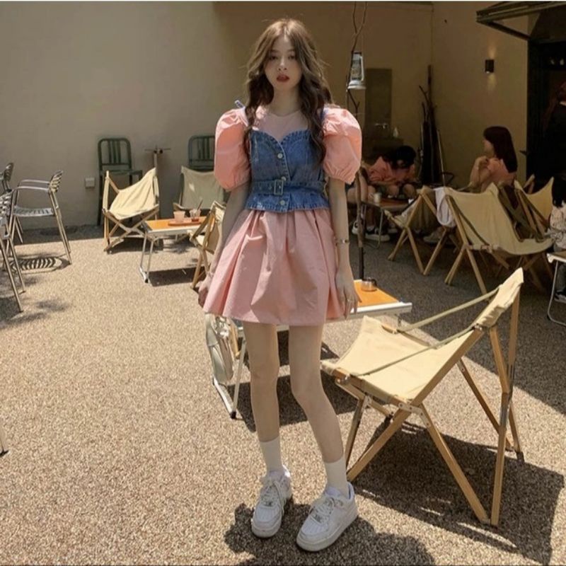 MDLV ~ 0022 Malfoy Jeans Set Premium Set Dress + Jeans Vest Set Korea Style Set Dress Rompi Jeans Fashion Import