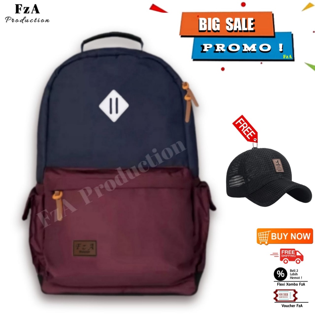 Tas Ransel Punggung Distro Casual Pria Wanita / Tas Ransel Laptop Original - FzA FREE Topi Trendy