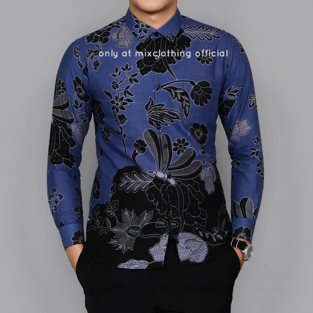 New Premium Baju Kemeja Batik Pria SlimFit Lengan Panjang Capung Biru 1846