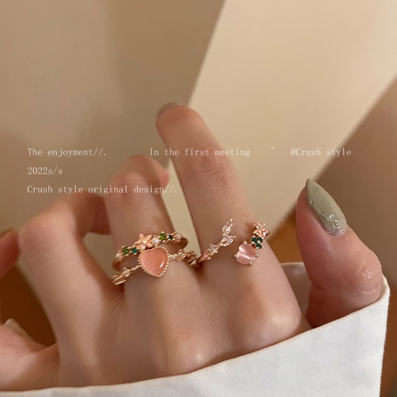 YEEZII Set Cincin Adjustable Desain Bunga Hati Kristal Mutiara Warna Pink Untuk Wanita