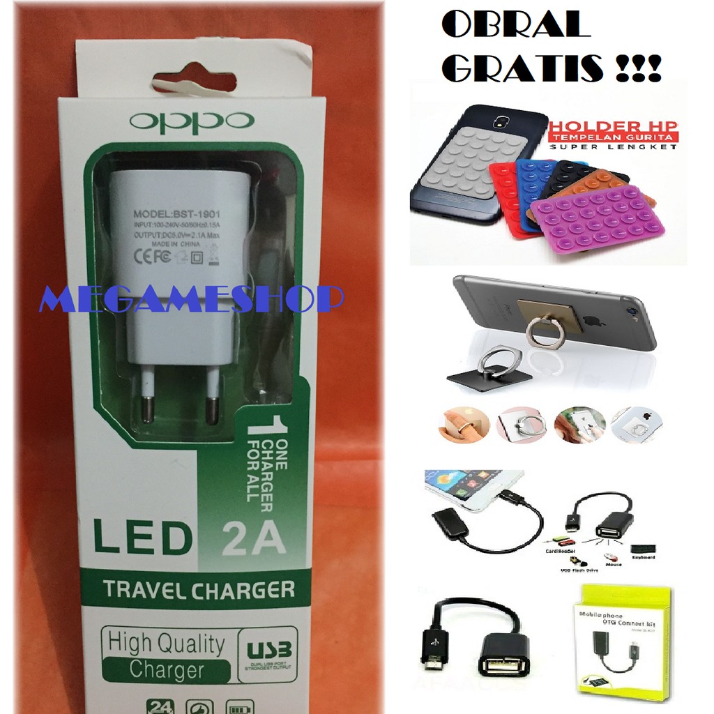 Terbaru FastCharger Oppo LED 2.1 A Free Gurita handphone + Iring Hp + Kabel OTG HP_MGM27