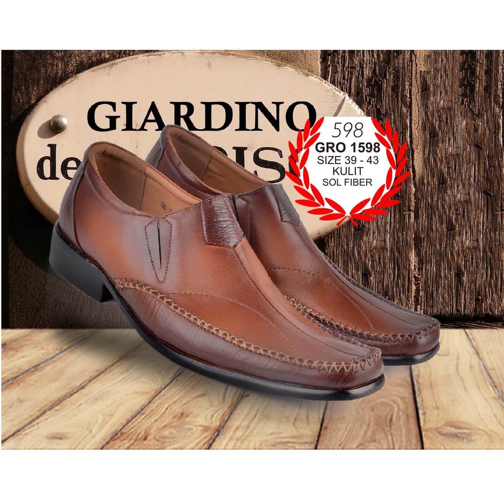 Sepatu Kulit Model Lancip Pantofel Formal Kerja Casual Pria kulit asli jahitan anyam burnish tan