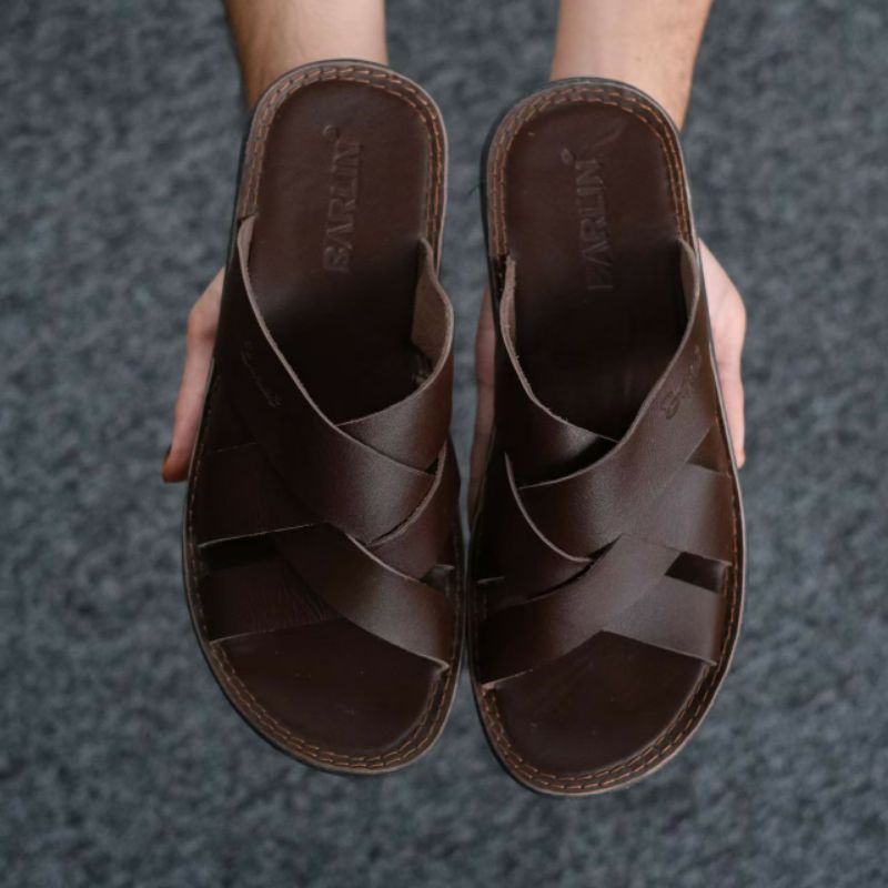 BRLN 004 Brown Sandal Pria Casual Kulit Asli Sendal Slide Sndal Selop Santai Klasik Murah