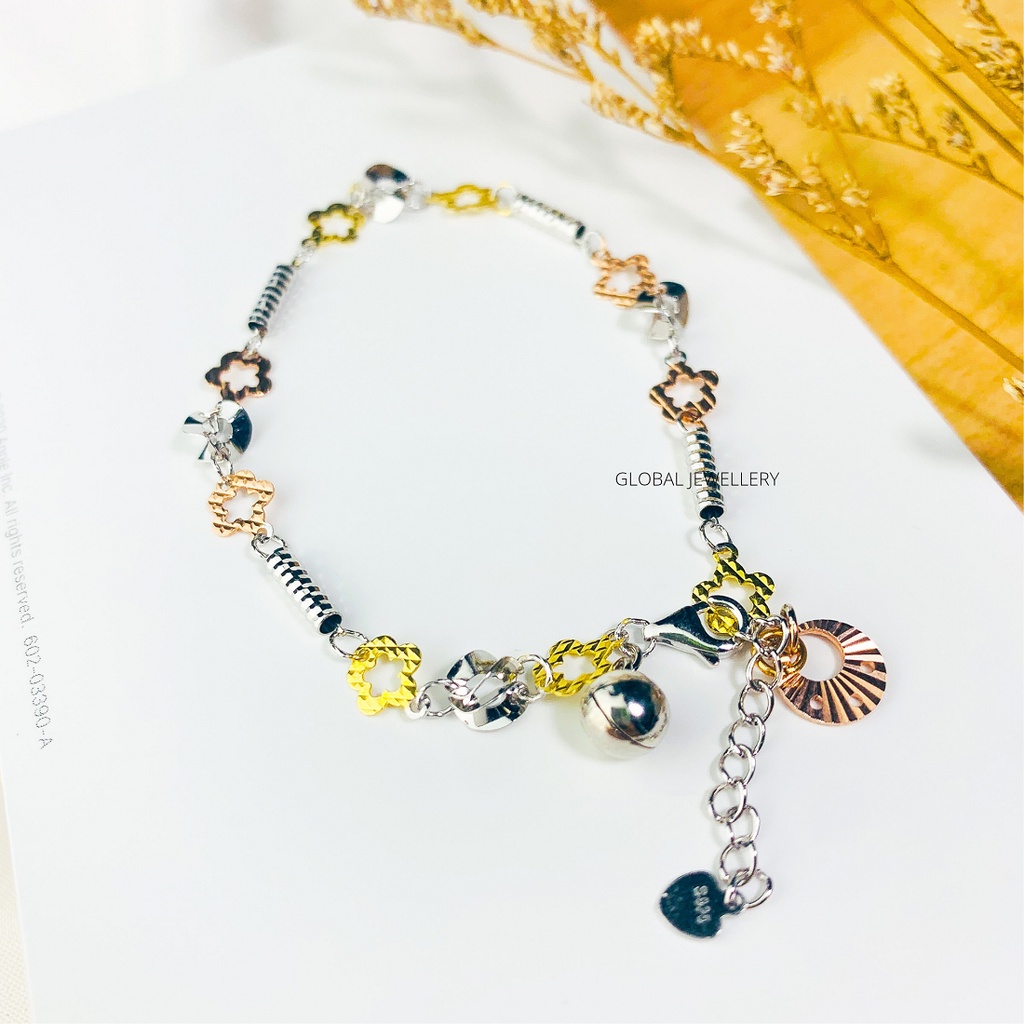 GELANG TANGAN KOMBINASI 3 WARNA BINTANG GOLD PERAK ASLI S925 GLOBAL JEWELLERY CK016