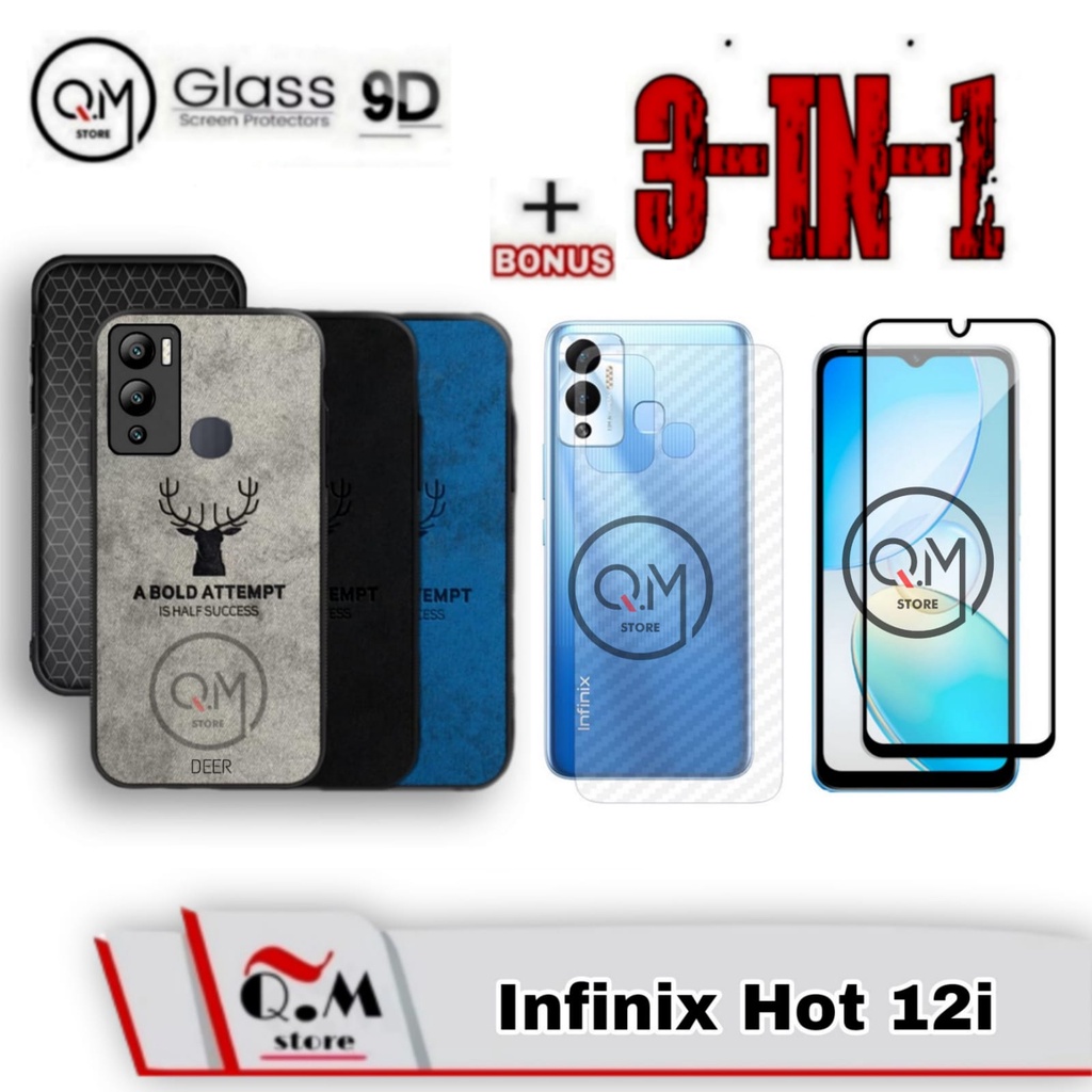 Paket 3in1 Case Deer Infinix Hot 12i Softcase Deer Pelindung Back Cover High Quality Bermotif Deer Jens BONUS TEMPERED GLASS PLUS GARSKIN