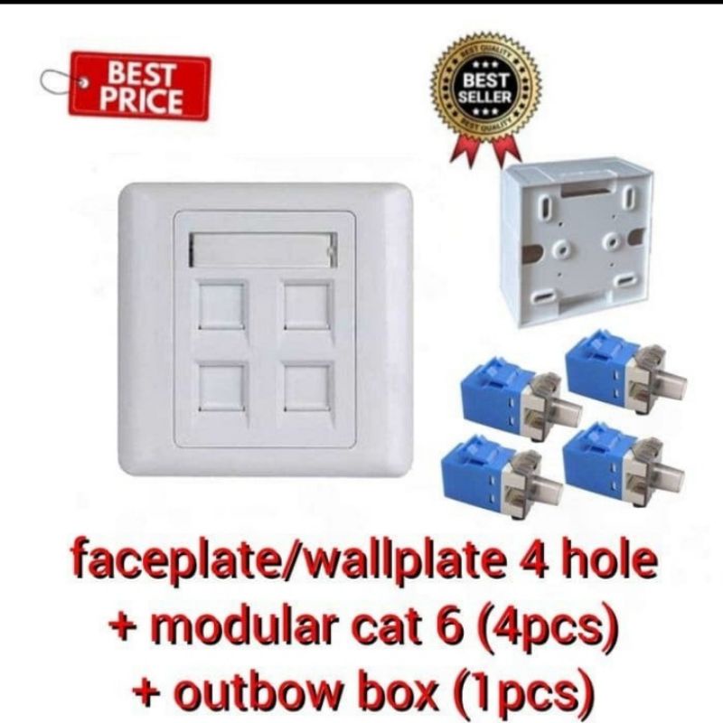 Paket Faceplate/Wallplate UTP/RJ45/LAN 4port+Modular Cat6+Outbow box