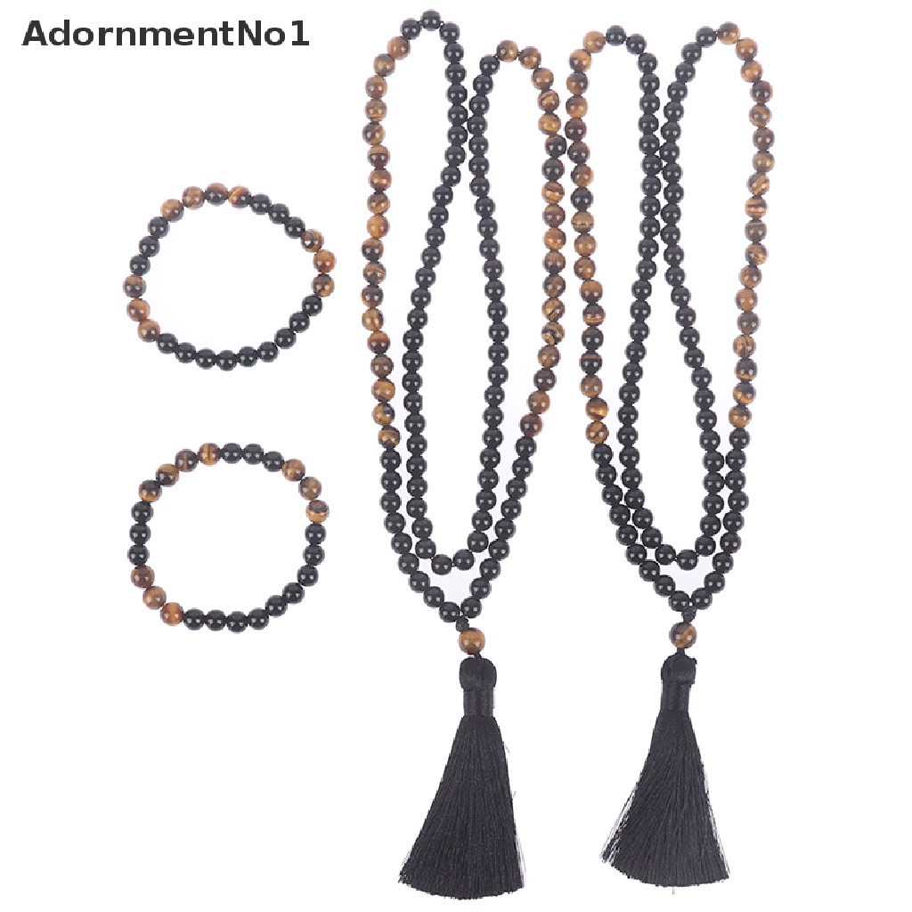 [AdornmentNo1] Natural Black Onyx &amp; Wood Beaded Mala Buddha Tassel Necklace Rosary 8mm Beads [new]