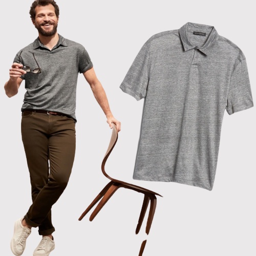 BANANA REPUBLIC Kaos Pria Linen Polo Gray