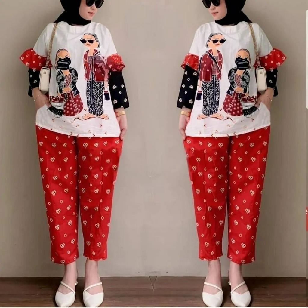 SETELAN WANITA KEKINIAN MBOK JAMU WD BAHAN BABYTERY APLIKASI SABLON ADA DUA SAKU KIRI DAN KANAN UKURAN M L XL XXL LD 98 - 120 CM WARNA BLACK , RED SETELAN WANITA TERBARU 2023 KEKINIAN SET ONE SET WANITA KOREAN STYLE MUSLIM SET BAJU MUSLIM WANITA