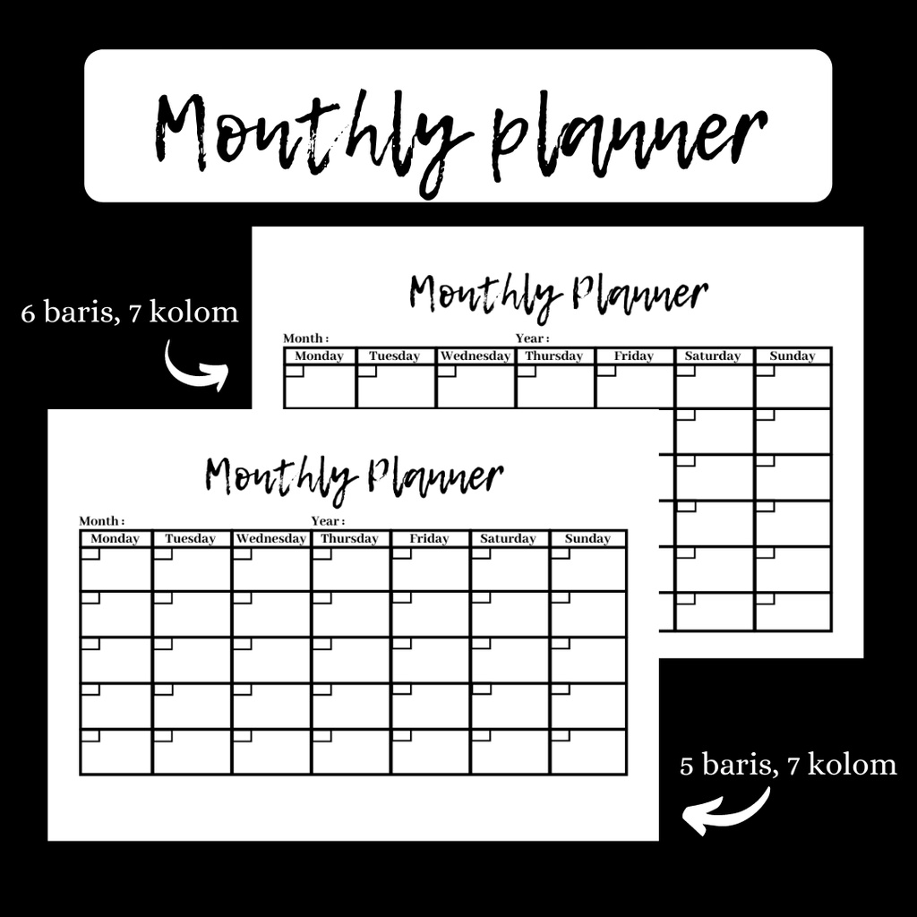 Jual Printable Monthly planner landscape - jadwal bulanan - black and