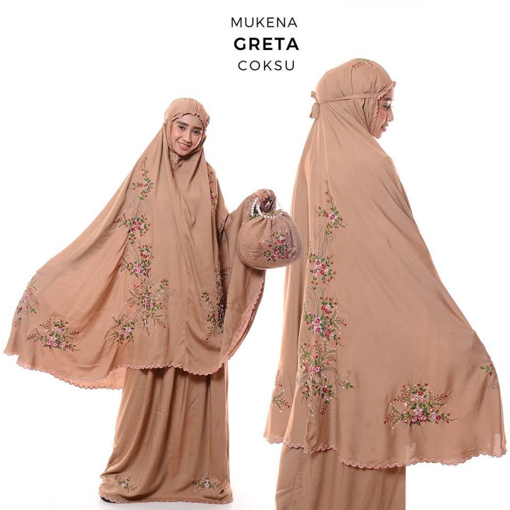 MUKENA DEWASA JUMBO KATUN RAYON BORDIR BUNGA GRETA PREMIUM TRAVEL PROMO MURAH FREE TAS