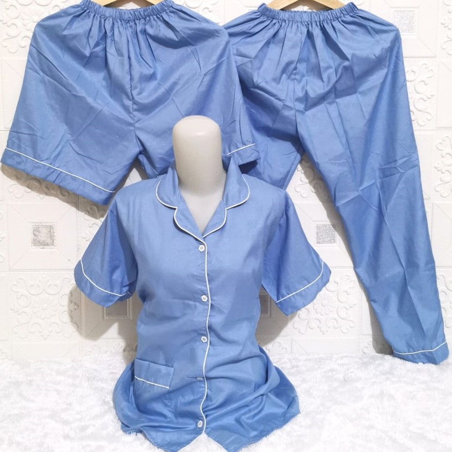 ISANNY PIYAMA SET 3IN1 SIZE.XL/PIYAMA SATIN EMBOS 3 IN 1/WARNA TERBANYAK/READY STOK/REAL PICT-BIRU MUDA