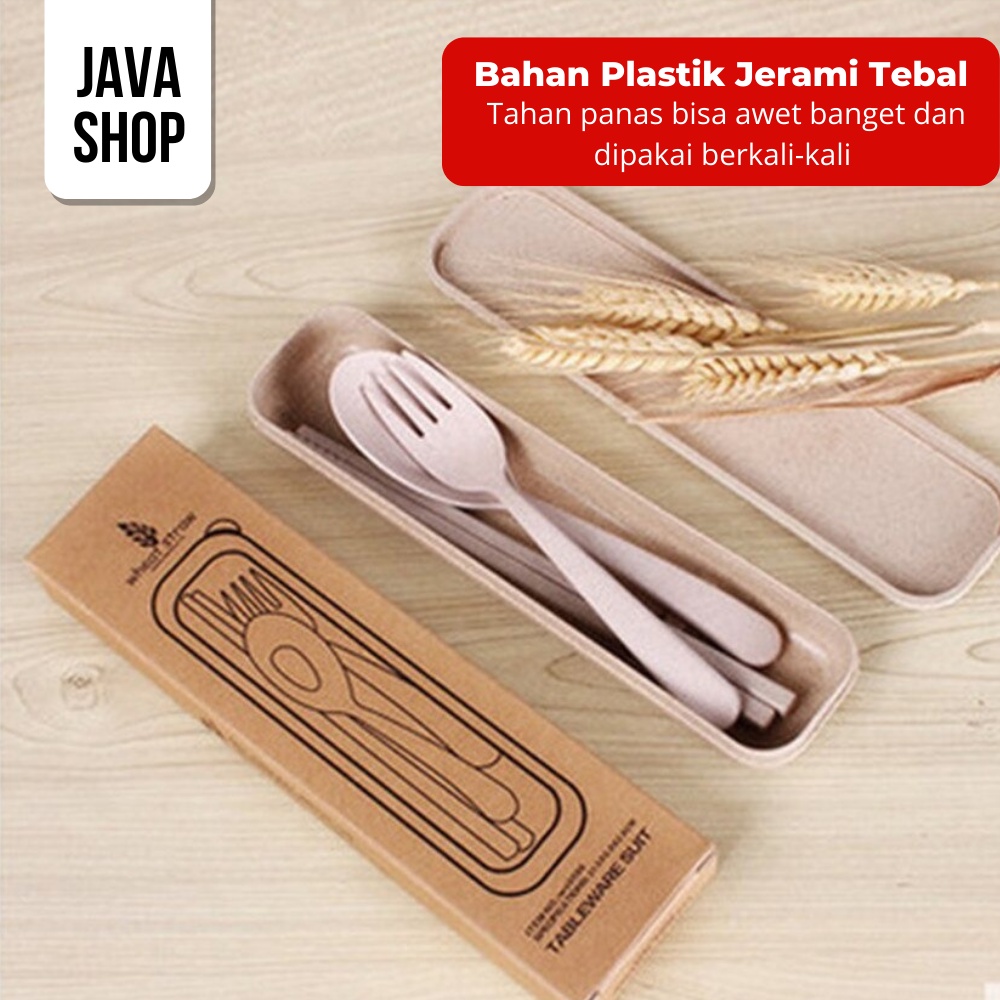 JAVASHOP Set Sendok Garpu Sumpit Travel Bahan Jerami Gandum