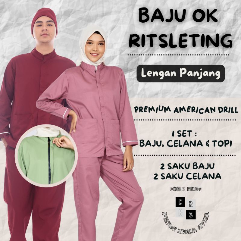 Baju OK ZIPPER / Baju Jaga / Scrub Medis ZIPPER Lengan Panjang DOCHS MEDIC