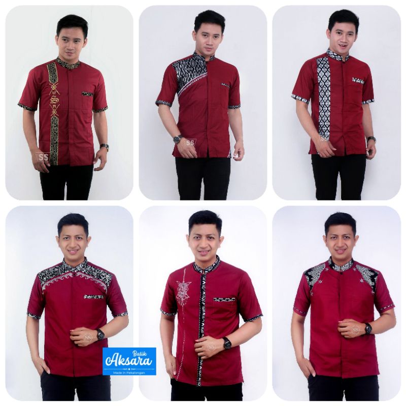 Ori Aksara Batik - Baju Kemeja Koko Pria Muslim Warna Merah Tua/Maroon/Merah Hati/Merah Darah M L XL