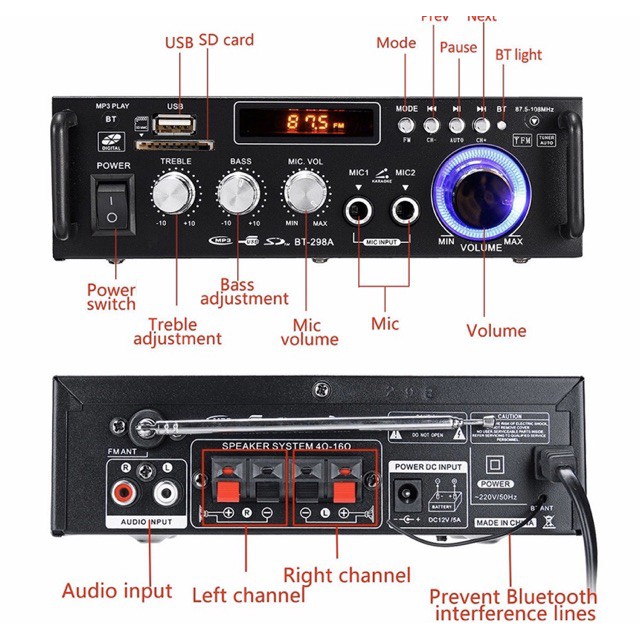 MPo watt ampli speaker Bluetooth EQ Audio Amplifier Karaoke Home Theater FM Radio Junejour  BT-298A