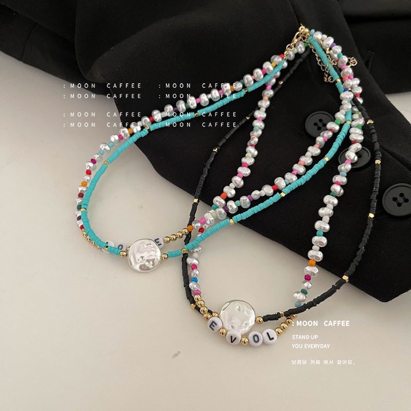 Kalung Rantai Double Layer Aksen Manik-Manik Warna Biru