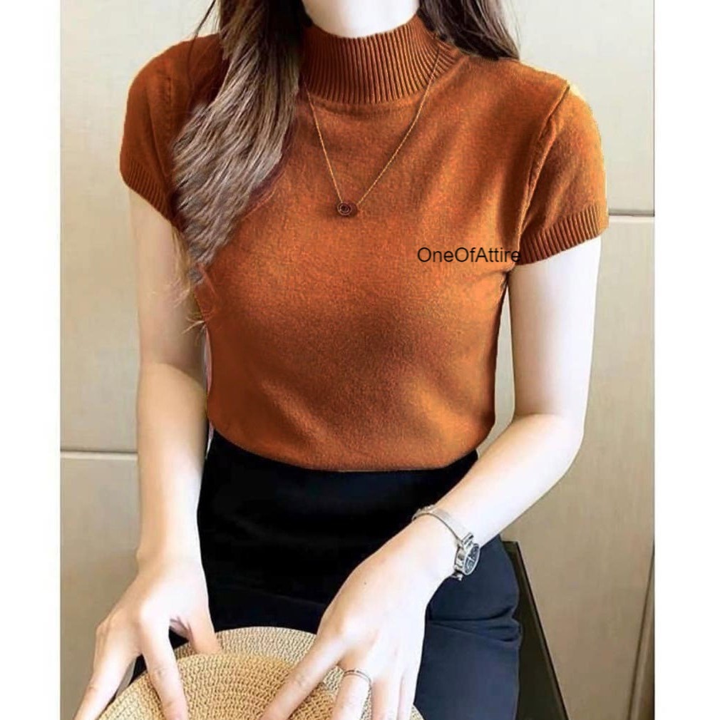 ATASAN RAJUT WANITA TURTLENECK / ATASAN RAJUT KERAH TINGGI / ATASAN RAJUT LENGAN PENDEK / KNIT PREMI