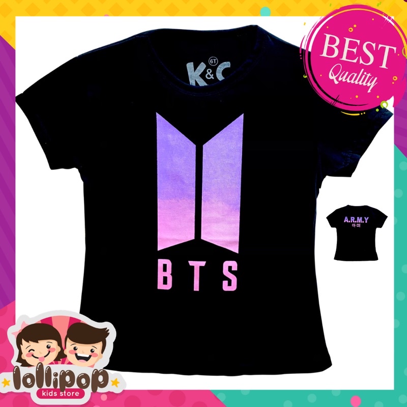 Lollipop Kids Store Kaos Anak Perempuan Lengan Pendek Motif BTS Black Usia 1-10 Tahun