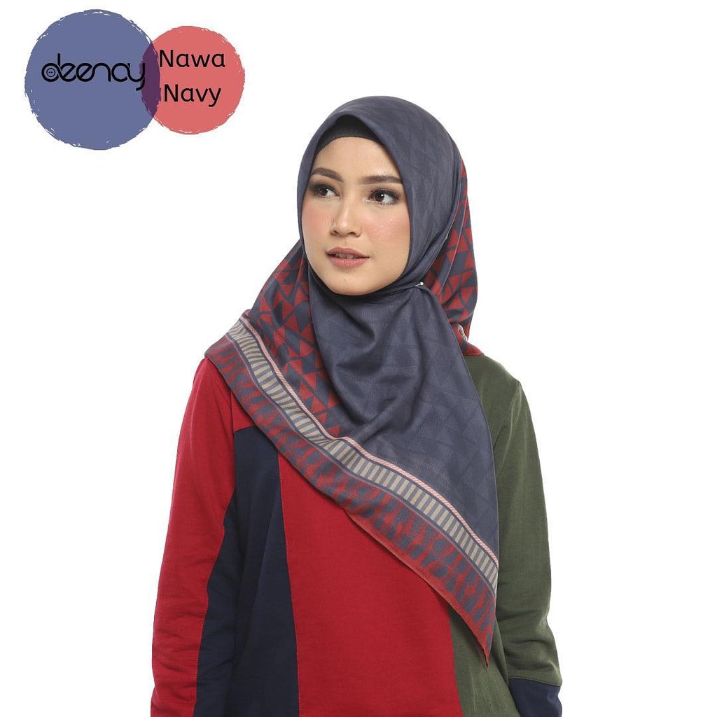 Kerudung Deenay Nawa Navy Ori / Jilbab Segi Empat Voal Motif Hijab Printing Ultrafine