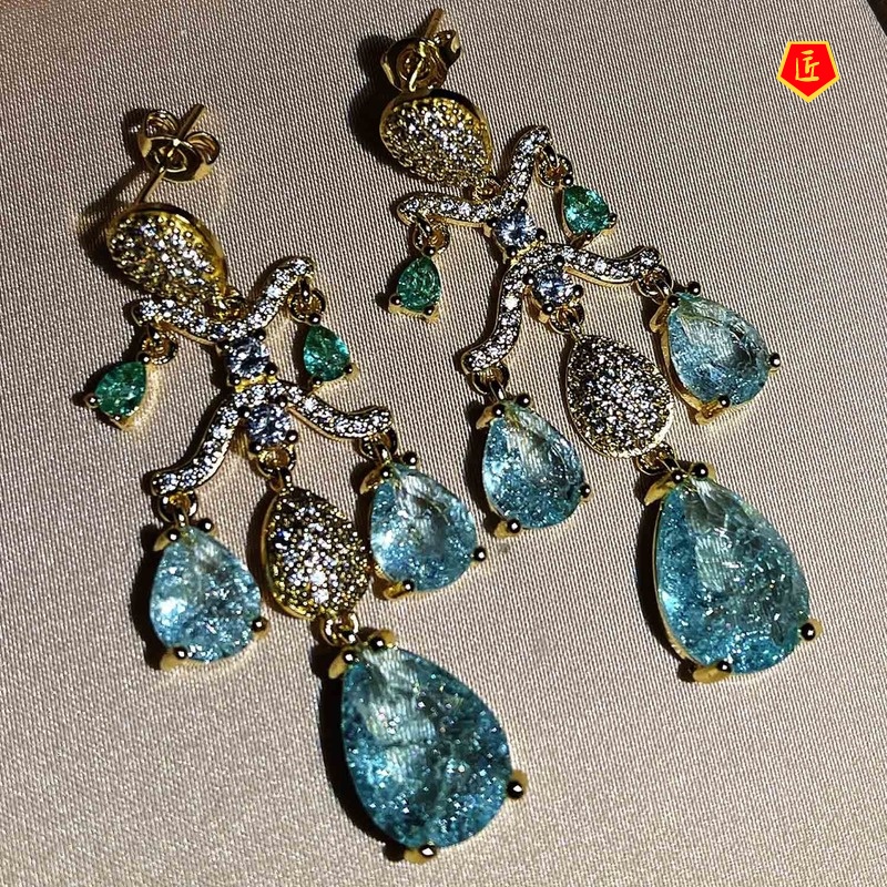 [Ready Stock]925 Silver Temperament Blue Crystal Tassel Earrings