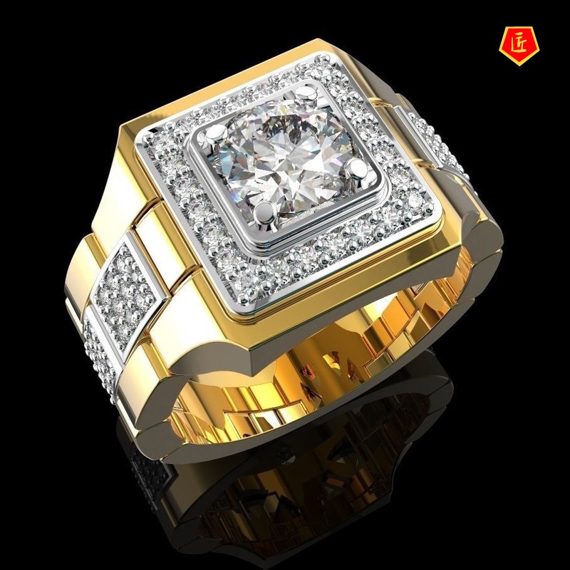 [Ready Stock]Men's Moissanite Watch Shape Ring Gold Two-Tone