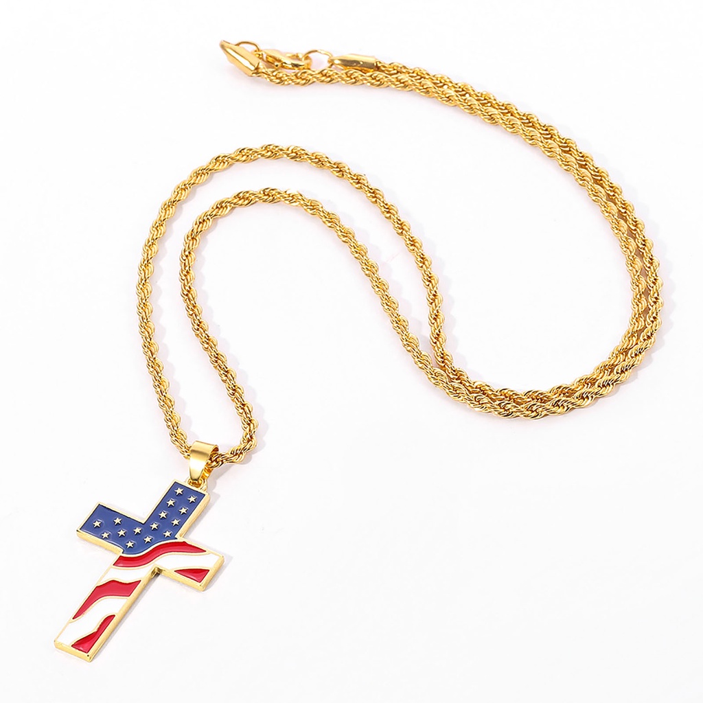 Hu Hu Hu Hu Hu Alat Bantu Pasang Kacamata♡ Kalung Liontin Salib Motif Print Bendera Amerika National Warna-Warni Untuk Pria