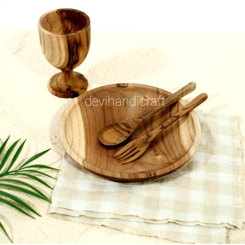 piring makan kayu/set alat makan kayu/set piring jati 20cm sendok garpu dan gelas ting kayu jati