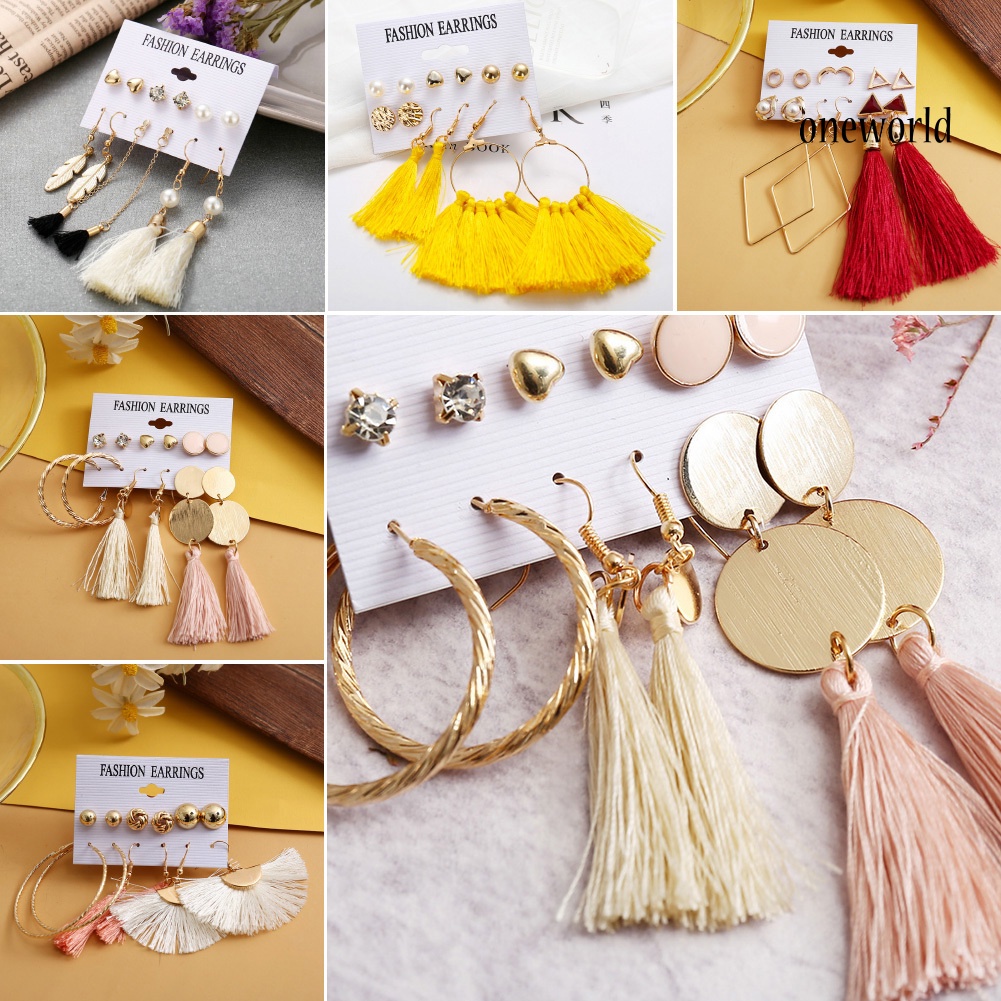 OW@ 6Pcs/Set Bohemia Women Tassel Hook Earrings Ear Stud Set Jewelry Accessories