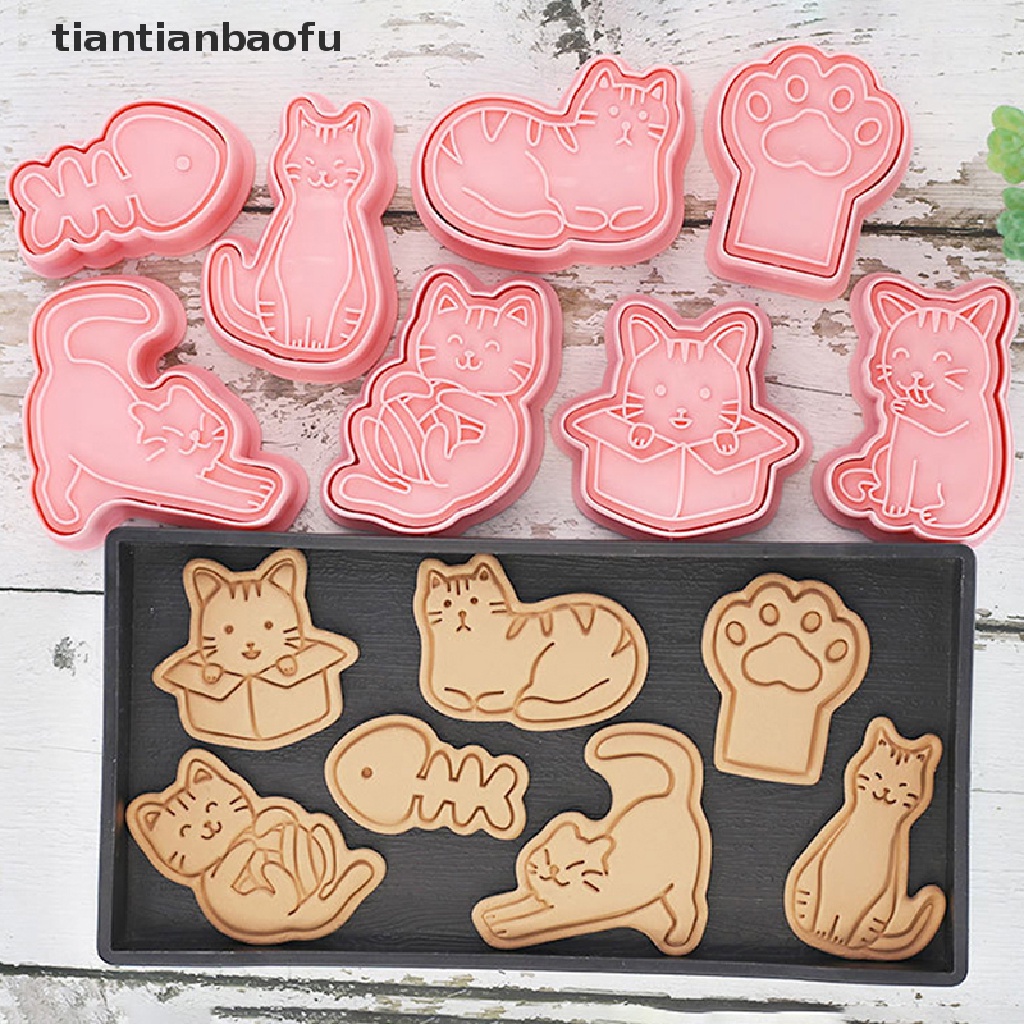 8pcs / set Cetakan Pemotong Kue / Biskuit Bentuk Kartun Hewan Kucing 3D Bahan Plastik Model Tekan Untuk Dapur