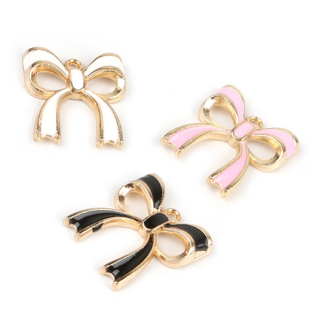 Lovely Sweet 10pcs/lot Pink/White/Black Enamel Alloy Bow Charm Pendant for Women Girls DIY Jewelry Findings Making Size 17x20mm