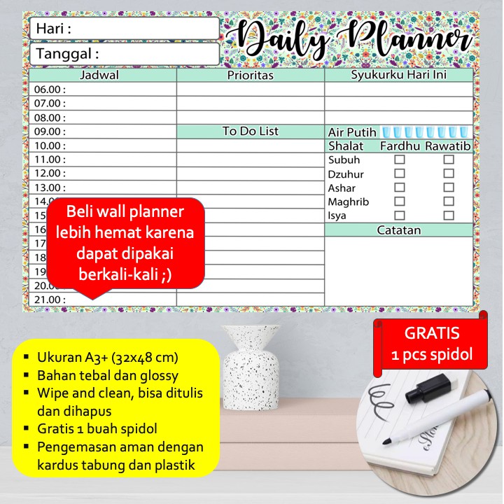 

Daily Planner for Muslim A3+ Bonus Spidol Wipe and Clean - Wall Planner Board Schedule Board