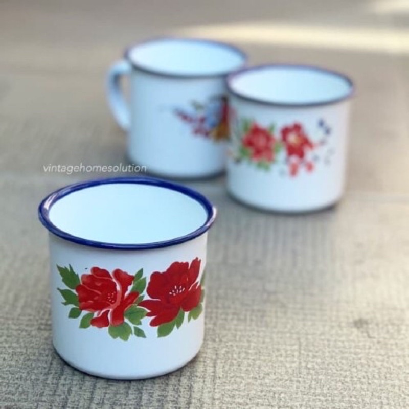 Gelas Mug Enamel Putih 7 Cm / Kedaung Gelas Kembang Jadul
