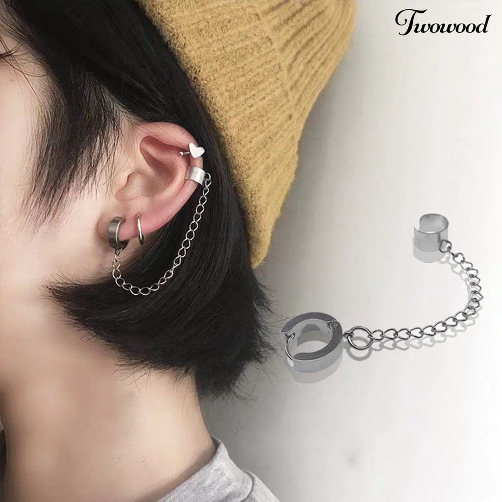 Twowood 1Pc Circle Long Chain Ear Clip Titanium Steel Non-Pierced Piercing Clip Earring for Daily Life