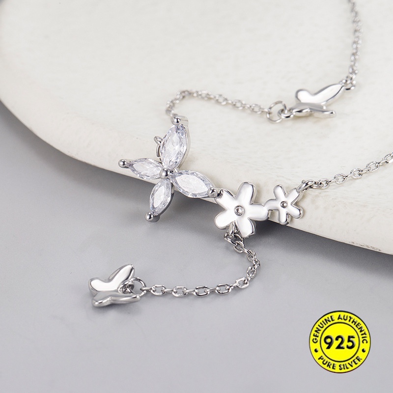 Kalung Rantai Sterling Silver 925 Dengan Liontin Bunga + Kupu-Kupu Untuk Wanita / Musim Panas Butterfly