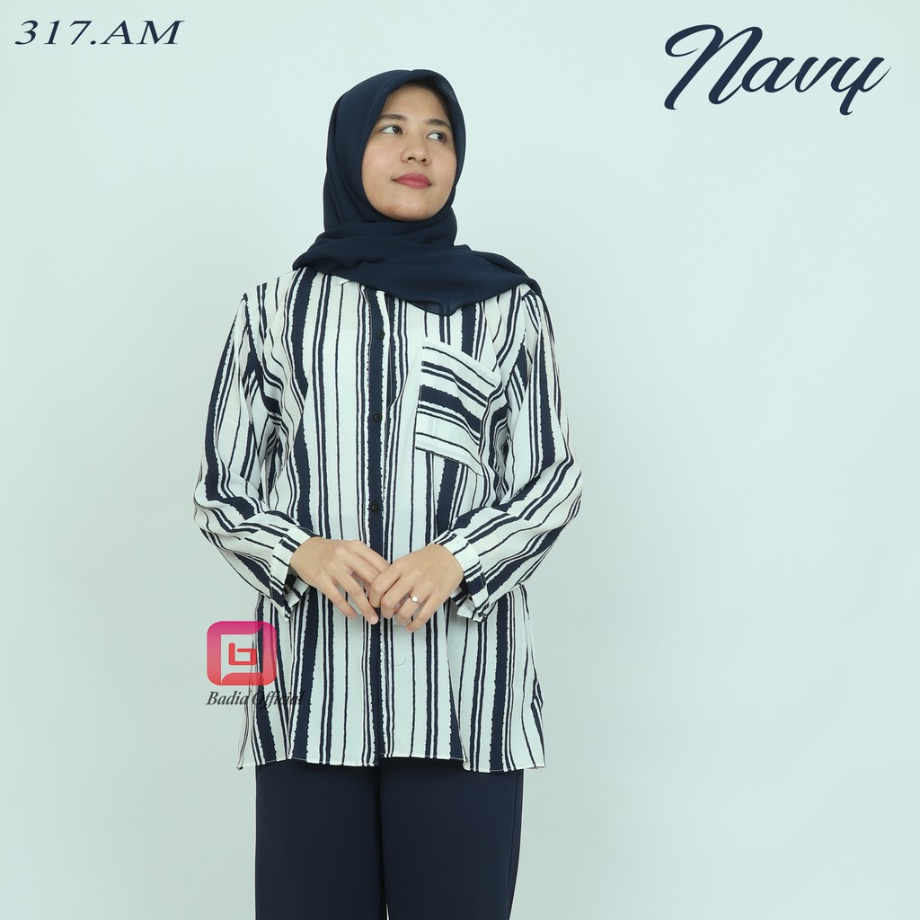 kemeja salur garis garis stripe buble crepe lembut lengan panjang wanita syari premium