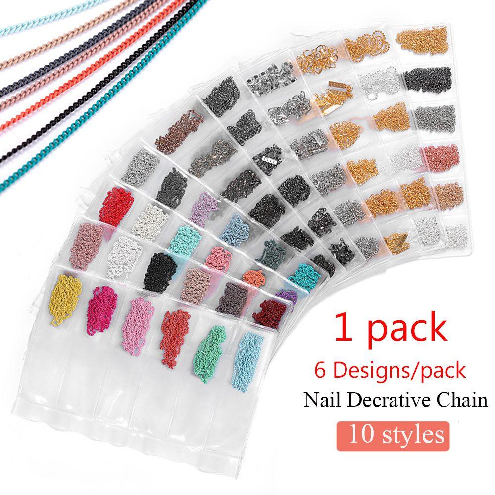 Solighter 6desain/pak Nail Art Rantai Logam Penjualan Panas 3D Pesona DIY Manicure