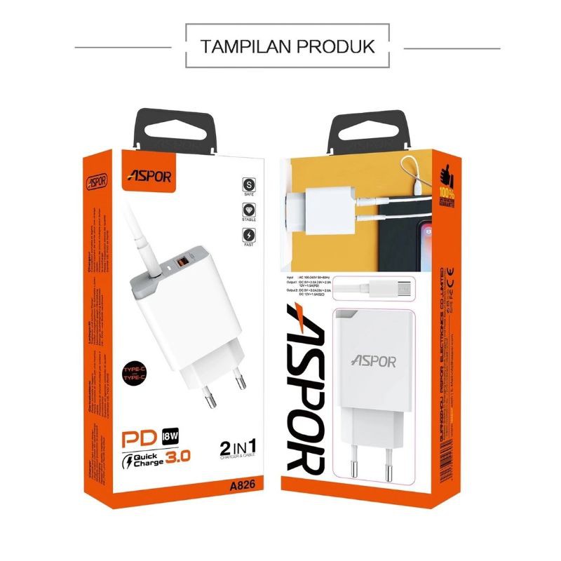 Aspor Charger dual usb dengan PD 18watt dan usb quick charge 3.0 fast charging